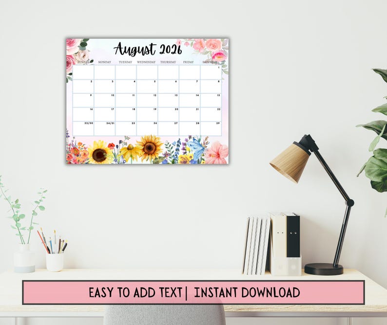 EDITABLE August 2026 Calendar Summer Sunflowers Nature Printable Wall ...