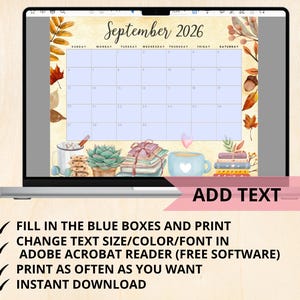 May include: A laptop screen displays a watercolor-style September 2026 calendar with fall foliage accents. The calendar has blue boxes for dates and is surrounded by illustrations of books, a mug, and a succulent. Text at the bottom says "ADD TEXT".