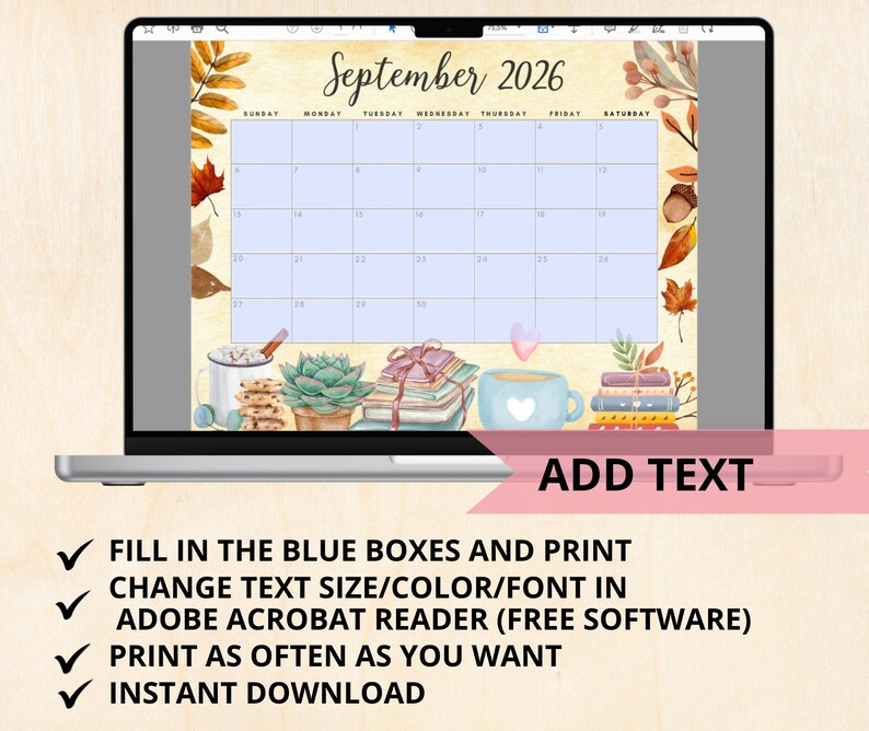 May include: A laptop screen displays a watercolor-style September 2026 calendar with fall foliage accents. The calendar has blue boxes for dates and is surrounded by illustrations of books, a mug, and a succulent. Text at the bottom says "ADD TEXT".