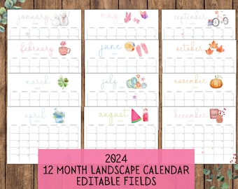 2024 EDITABLE Printable Watercolor Calendar,Printable Fillable Monthly Calendar, A4, A5, Letter Landscape 12 month Calendar Digital Planner