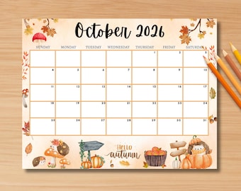 Calendario editable de octubre de 2026, planificador adorable de otoño de 2026 en PDF, planificador imprimible y editable para niños, casa y trabajo, descarga instantánea.