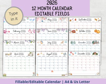 2026 BEWERKBARE afdrukbare aquarel kalender schattig hele jaar 2026 kalender afdrukbare invulbare maandkalender klas kalender A4 brief