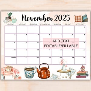 EDITABLE November 2025 Calendar, Printable Fillable Monthly Planner for November Calendar Monthly Schedule ,Printable Calendar for Home