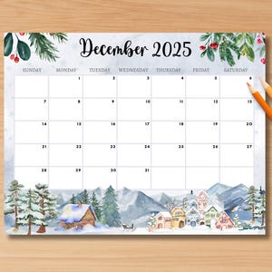 EDITABLE December 2025 Calendar Printable, Monthly Planner Page with Winter Theme, Monthly Calendar for Classroom School, Instant Download