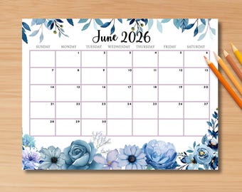 EDITABLE June 2026 Calendar, Printable Wall Calendar 2026, Floral Calendar for June Fillable, Monthly Office Calendar, Classroom Calendar