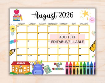 Calendario de agosto de 2026 editable, calendario mensual imprimible de 2026, calendario de regreso a clases, calendario escolar, horario para niños, calendario de aulas.