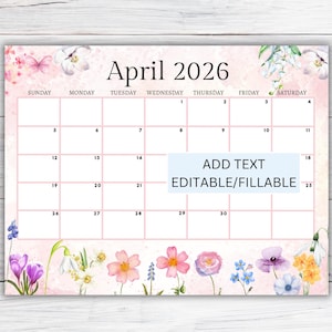 Bearbeitbarer April Kalender 2026, druckbarer Kalender für April, Familienferienkalender, April 2026 ausfüllbarer Kinderkalender