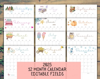 2025 BEWERKBARE afdrukbare aquarelkalender, afdrukbare invulbare maandkalender, A4, A5, 8,5 x 11 portret 12 maandenkalender digitale planner