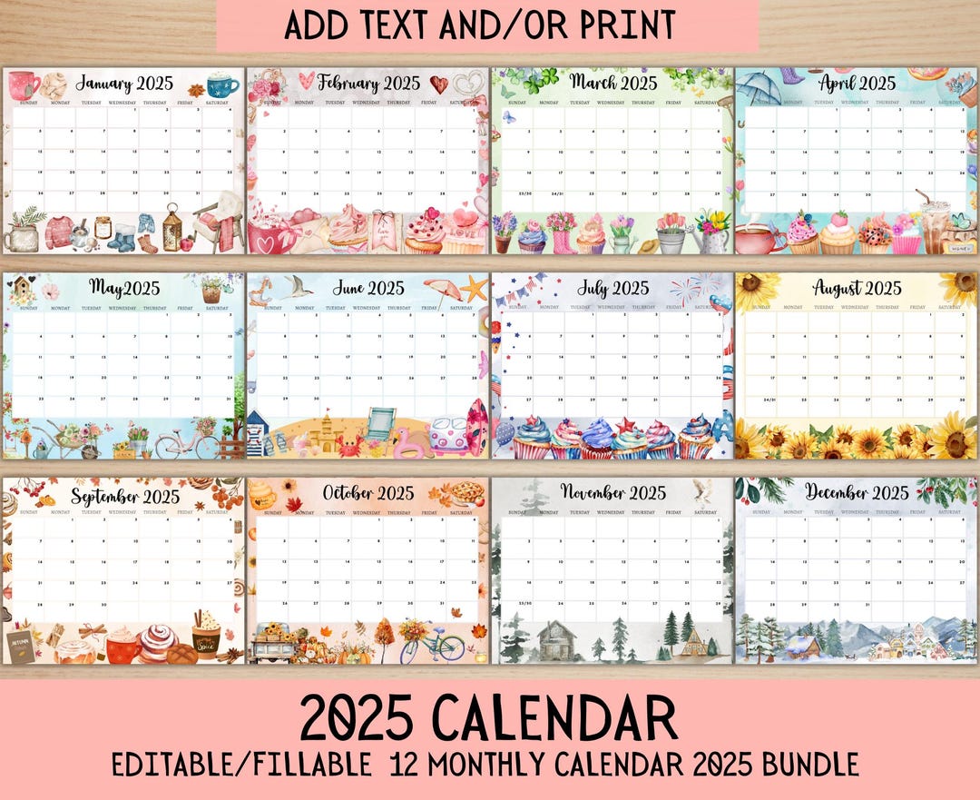 EDITABLE Monthly Calendar 2025 Bundle, Cute Printable Fillable Monthly ...