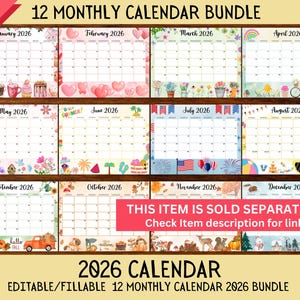 Puede incluir: Un paquete de calendarios mensuales para 2026, con dise&ntilde;os de temporada y tem&aacute;ticos. Cada mes tiene un borde &uacute;nico con ilustraciones. El calendario incluye el texto "12 MONTHLY CALENDAR BUNDLE" y "2026 CALENDAR".