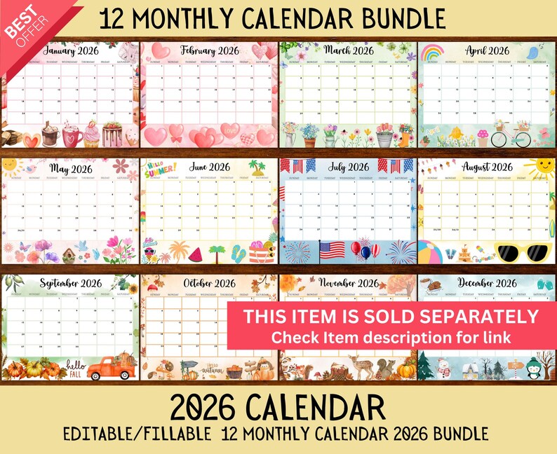 Puede incluir: Un paquete de calendarios mensuales para 2026, con dise&ntilde;os de temporada y tem&aacute;ticos. Cada mes tiene un borde &uacute;nico con ilustraciones. El calendario incluye el texto "12 MONTHLY CALENDAR BUNDLE" y "2026 CALENDAR".