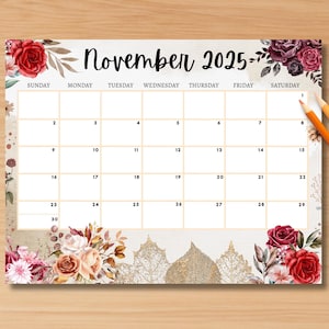 EDITABLE November 2025 Calendar,Printable Fillable Monthly Planner, Holiday Planner, Office, Home, School Organizer, Instant Download