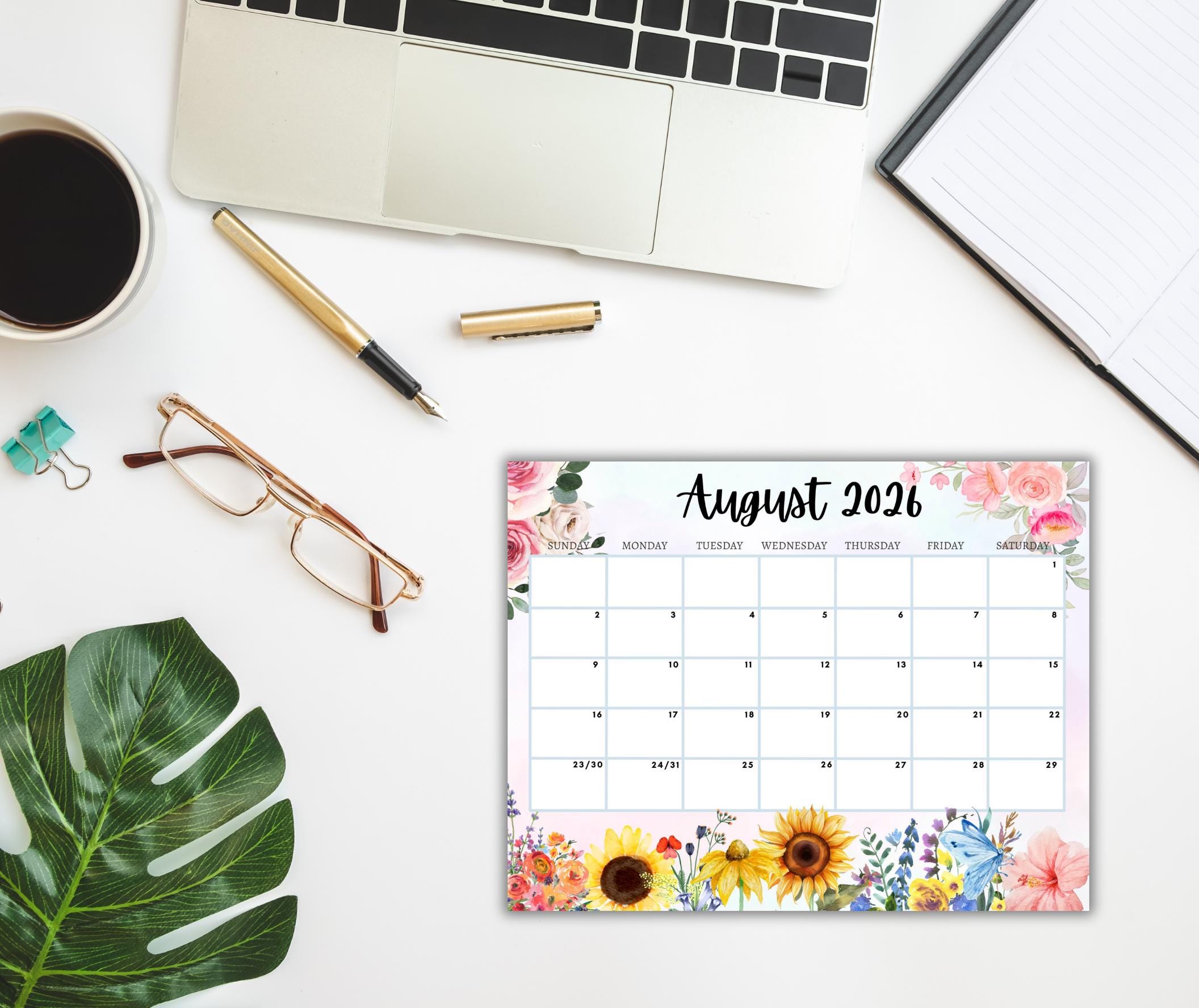 EDITABLE August 2026 Calendar Summer Sunflowers Nature Printable Wall ...