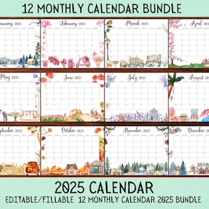 EDITABLE Monthly Calendar 2025 Bundle, Printable Fillable Monthly Calendar 2025, Cute Calendar for Home Work School, Whole Year 2025 Planner