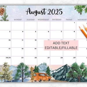 EDITABLE August 2025 Calendar, Printable Wall Calendar 2025, Kids Classroom Calendar, Beautiful Summer Planner, Family Calendar, Download