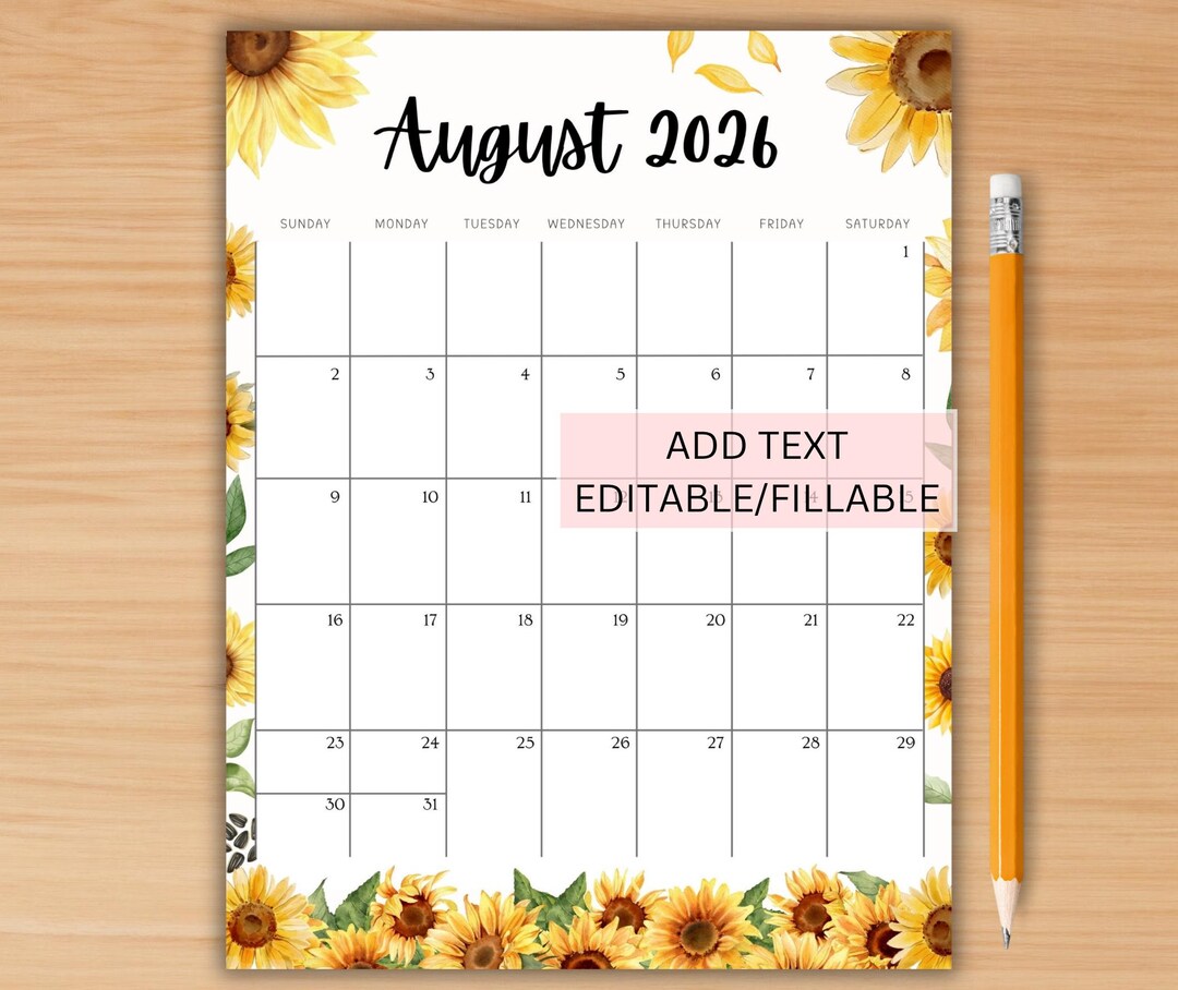 Buy EDITABLE August 2026 Calendar, Printable Monthly Calendar for ...