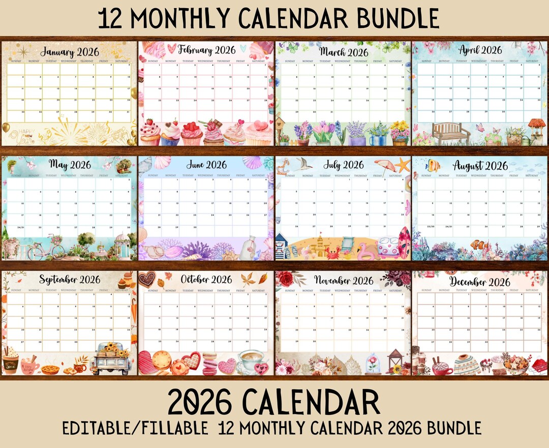 EDITABLE Monthly Calendar 2026 Bundle, Cute Printable Fillable Monthly ...