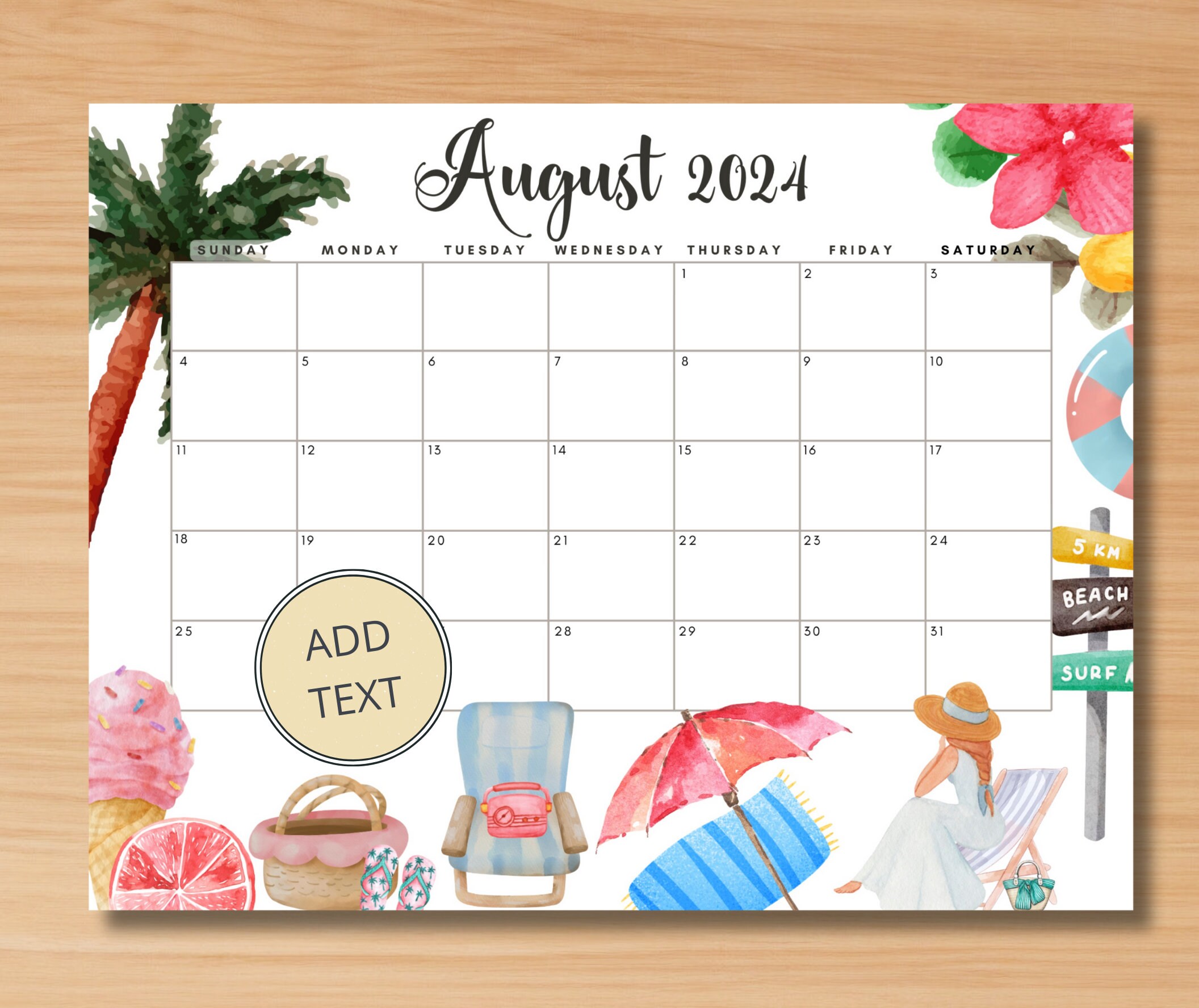 EDITABLE August 2024 Calendar, Printable Wall Calendar 2024, Cute ...