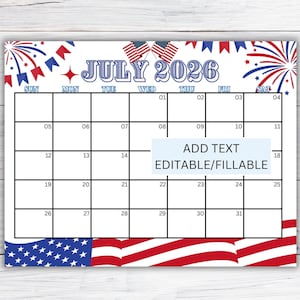 EDITABLE July 2026 Summer Calendar, Fillable Printable Classroom Calendar, Fourth of July Calendar, Digital Monthly Calendar, July Planner