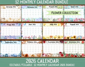 May include: A 12-month calendar bundle for 2026, featuring a floral design. Each month has a unique floral border, with the month and year displayed at the top. The words "Flower Collection" are in the center. The text "2026 Calendar" is at the bottom.