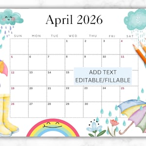 EDITABLE April 2026 Calendar, Printable Monthly Calendar for April, Monthly Calendar, Classroom Calendar, 2026 April Calendar