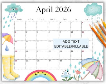 EDITABLE April 2026 Calendar, Printable Monthly Calendar for April, Monthly Calendar, Classroom Calendar, 2026 April Calendar