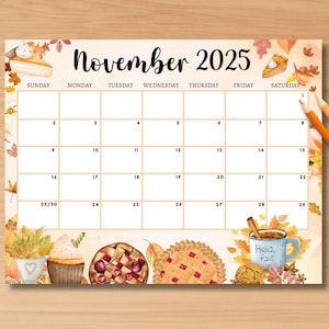 EDITABLE November 2025 Calendar, Printable Wall Calendar 2025, Cute Calendar for November Fillable, Monthly Classroom Calendar, Thanksgiving