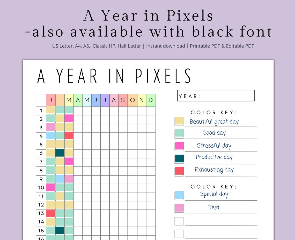 A Year in Pixels Editable & Printable PDF Yearly Mood Tracker Progress ...
