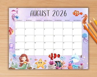 EDITABLE August 2026 Calendar, Printable Calendar 2026, Summer Monthly Planner, Fillable Monthly Calendar, Cute Family Calendar, Kids Plan