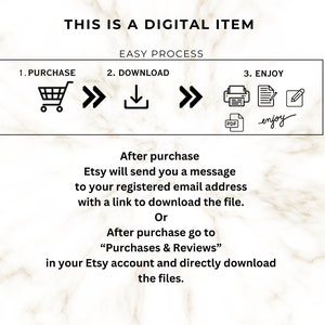 May include: Image detailing the digital item purchase process. Steps include purchase, download, and enjoy. Text explains how to download the file after purchase via email or Etsy account. The image includes the text "THIS IS A DIGITAL ITEM".