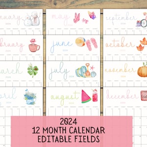 2024 EDITABLE Printable Watercolor Calendar,Printable Fillable Monthly Calendar, A4, A5, 8.5 x 11 Portrait 12 month calendar Digital Planner