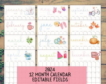 2024 EDITABLE Printable Watercolor Calendar,Printable Fillable Monthly Calendar, A4, A5, 8.5 x 11 Portrait 12 month calendar Digital Planner