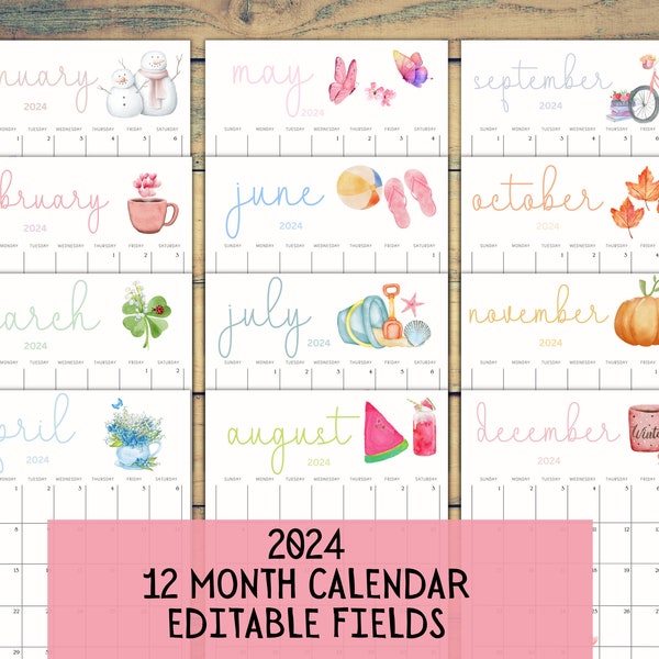 2024 EDITABLE Printable Watercolor Calendar,Printable Fillable Monthly Calendar, A4, A5, 8.5 x 11 Portrait 12 month calendar Digital Planner