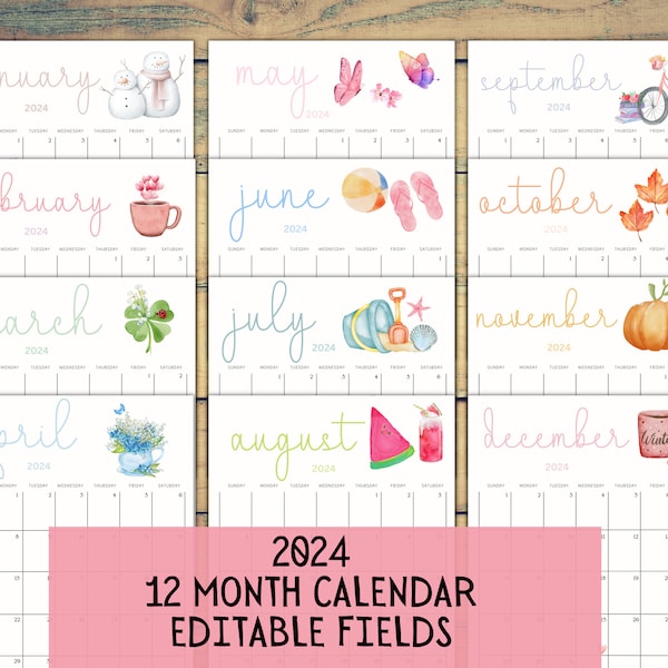 2024 EDITABLE Printable Watercolor Calendar,Printable Fillable Monthly Calendar, A4, A5, 8.5 x 11 Portrait 12 month calendar Digital Planner