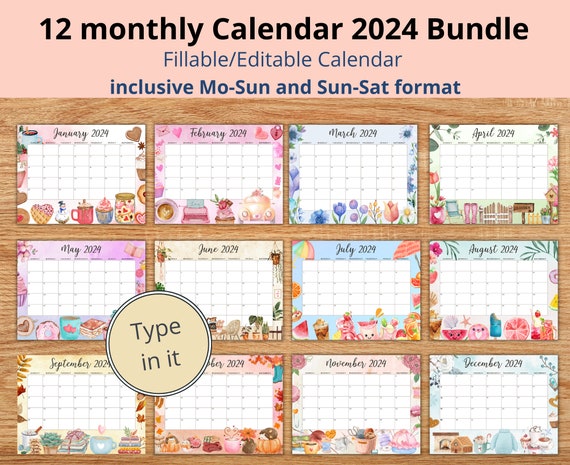 Editable January 2024 Calendar Bundle Printable Wall Calendar 2024 Cute  Calendar for the Whole Year Monthly Classroom Calendar Fillable 