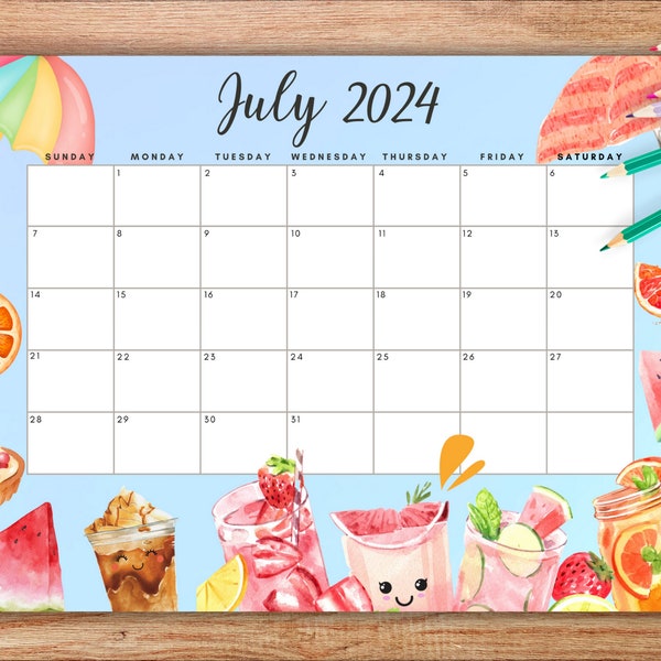 Calendrier de juillet 2024 MODIFIABLE | Bel été, calendrier estival imprimable à remplir, agenda de bureau | A4 et lettre US | Téléchargement instantané