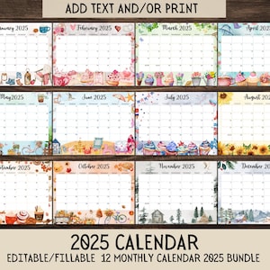  EDITABLE Monthly Calendar 2025 Bundle, Cute Printable Fillable Monthly 
