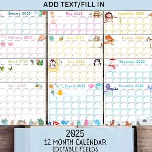2025 Calendar Editable Printable Planner Cute Kids Calendar, Homeschool Calendars, Daycare Schedule, Kids Monthly Planner, Wall Calendar PDF