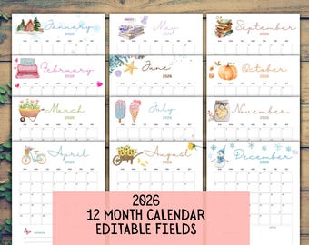2026 EDITABLE Printable Watercolor Calendar,Printable Fillable Monthly Calendar, A4, A5, 8.5 x 11 Portrait 12 month calendar Digital Planner
