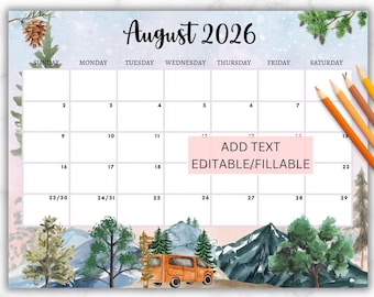 EDITABLE August 2026 Calendar, Printable Wall Calendar 2026, Kids Classroom Calendar, Beautiful Summer Planner, Family Calendar, Download