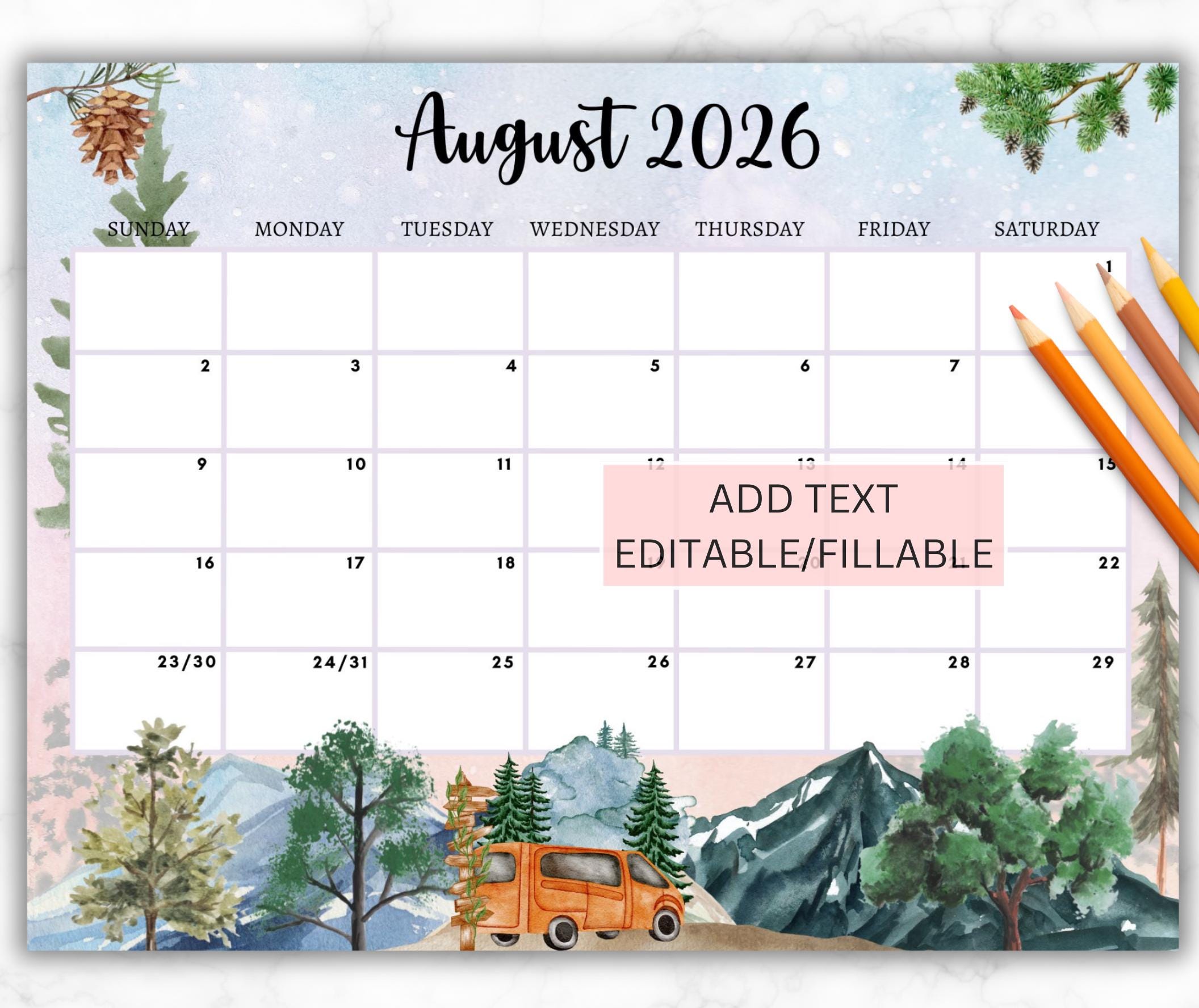 EDITABLE August 2026 Calendar, Printable Wall Calendar 2026, Kids ...