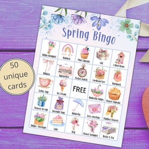 PRINTABLE SPRING Bingo Game with 50 Unique Bingo Cards, Bing Game, Family, Work, Teens,Adults, Classroom Games,Family Activities for Kids