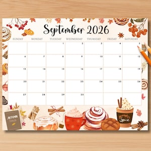 Puede incluir: Un calendario decorativo de septiembre de 2026 con temática otoñal. El calendario presenta ilustraciones de acuarela de rollos de canela, café y follaje de otoño. Lápices de colores visibles en el lado derecho.