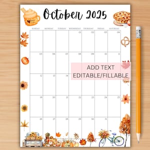 EDITABLE October 2025 Calendar, Cute Fall 2025 Planner, Cute Printable Monthly Schedule Planner for Kids, Calendar for School Home Office