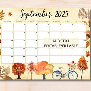 EDITABLE September 2025 Calendar, 2025 Sept Calendar, Autumn, Printable Monthly Calendar for September, Cute Fall Calendar,