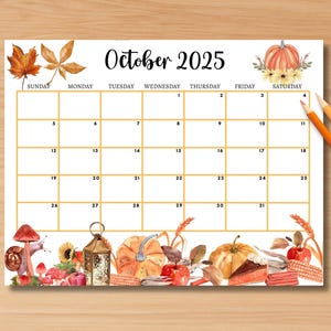 EDITABLE October 2025 Calendar,Printable Fillable Monthly Planner w Pumpkins Autumn Fall Planner PDF Kids Planner Schedule, Instant Download