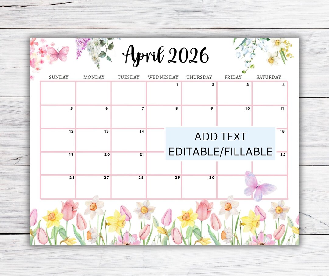 EDITABLE April 2026 Calendar, Printable Fillable Monthly Planner April ...