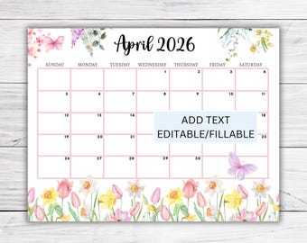EDITABLE April 2026 Calendar, Printable Fillable Monthly Planner April Calendar Editable Monthly Schedule Printable Calendar Work School