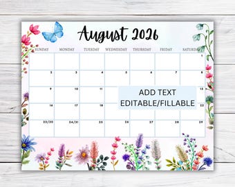 EDITABLE August 2026 Calendar, Printable Fillable Monthly Planner August Calendar Editable Monthly Schedule Printable Calendar Work School