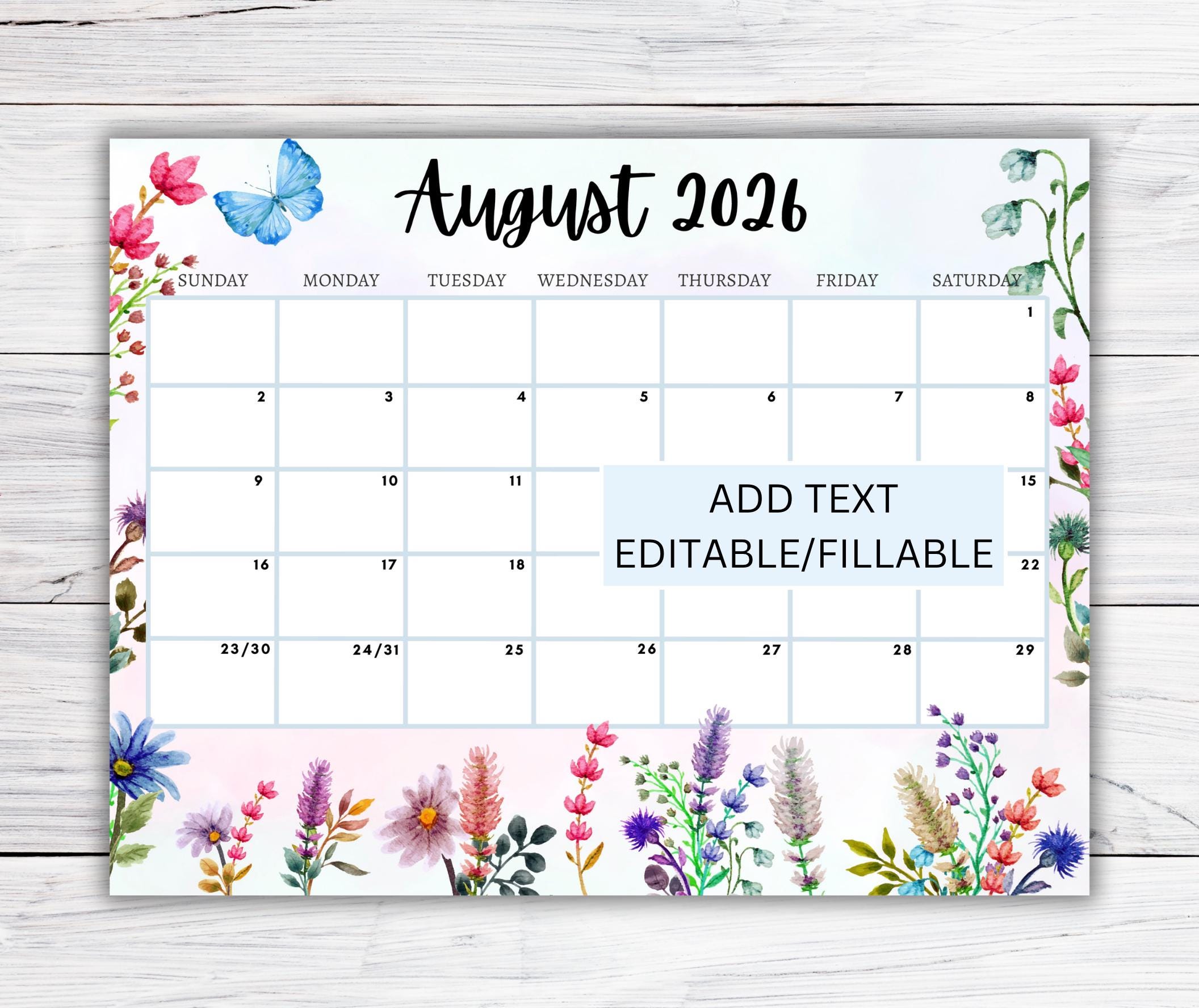 EDITABLE August 2026 Calendar, Printable Fillable Monthly Planner ...